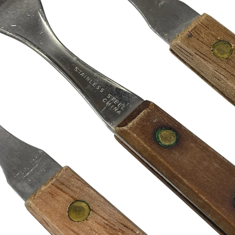 Stainless Steel Brown‎ Wood Handle Forks Set of 3 Riveted Mid-Century Modern MCM